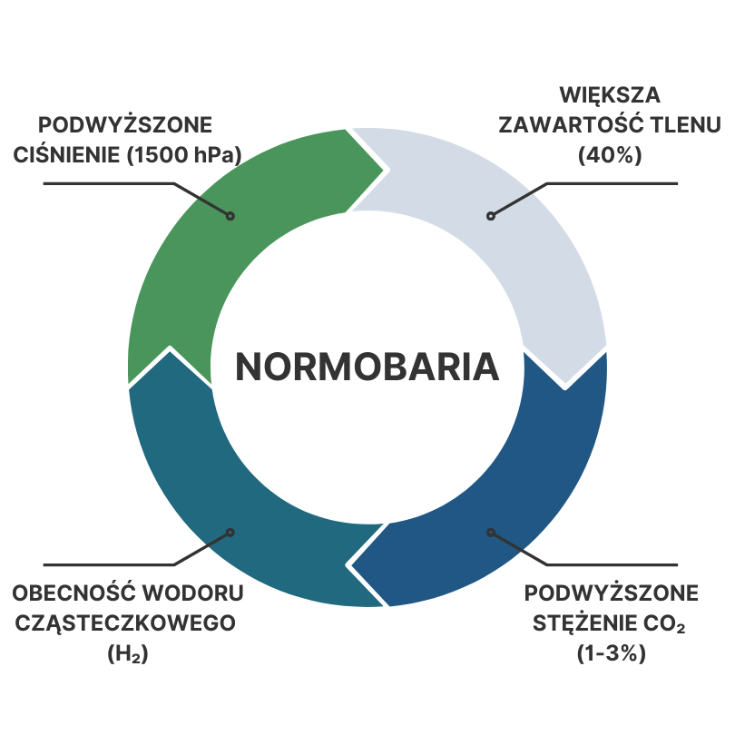 Normobaria = Podwyższone ciśnienie + Większa zawartość tlenu + Obecność wodoru cząsteczkowego + Podwyższone stężenie CO2