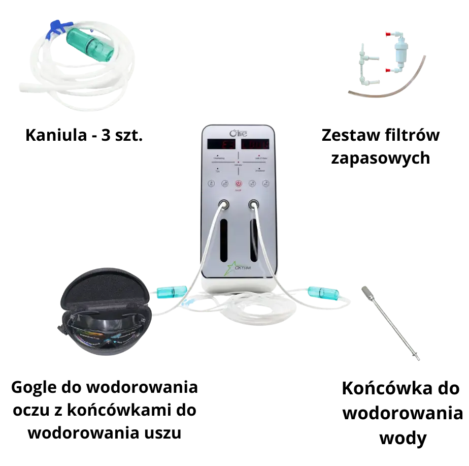 Inhalator Wodoru H-900 w zestawie z kaniulą (2 sztuki), nausznikami do wodorowania uszu, goglami do wodorowania oczu oraz końcówką do wodorowania wody